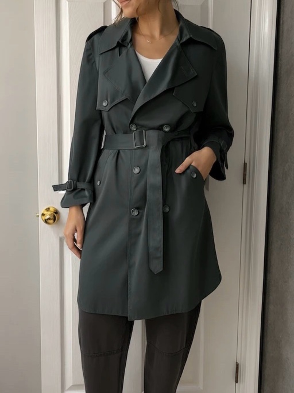 Charles Klein Vintage Black Double Breasted Trench Coat with Belt Womens Size 48